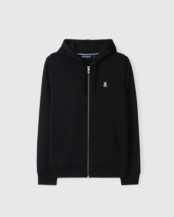 Introducing the Psycho Bunny MENS LEVY ZIP FLEECE HOODIE - B6H720D200 for men, featuring a small embroidered white bunny logo on the left chest. This black cotton hoodie comes with a front zipper, two pockets, and an adjustable hood with drawstrings, set against a light gray background.