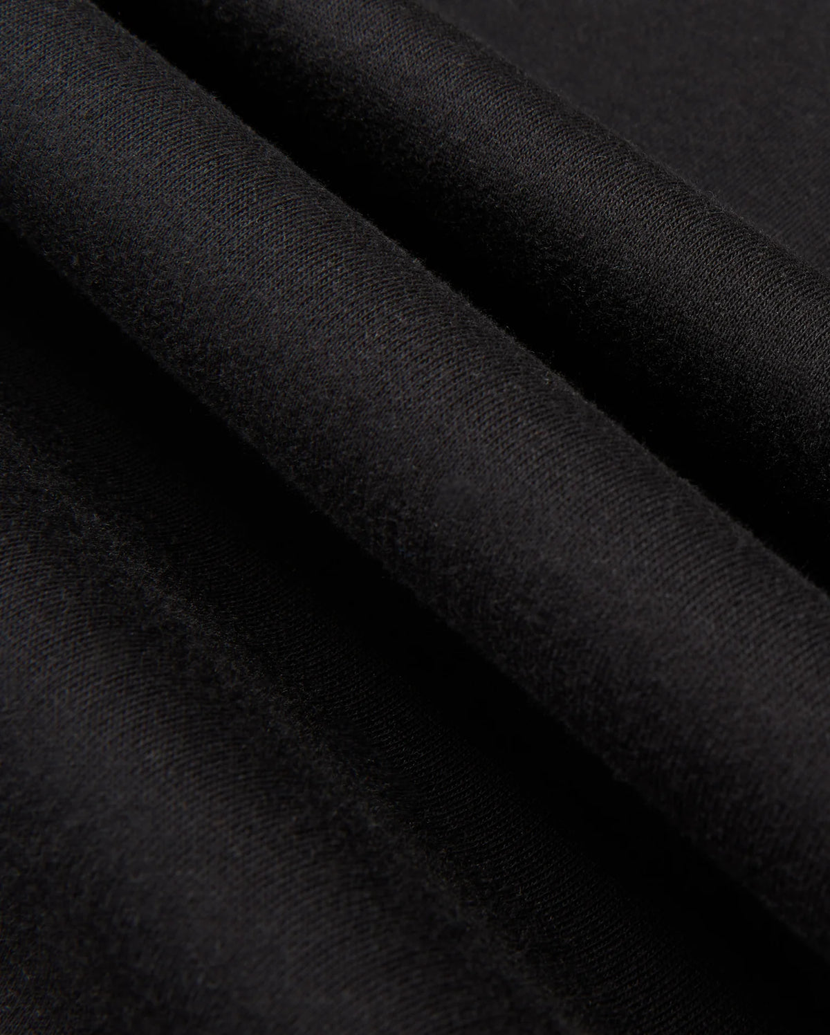 Close-up of black fabric folds with a textured surface. The material of the MENS JAMES PREMIUM HOODIE - B6H789D200 by Psycho Bunny, reminiscent of essential fleece, appears soft and smooth, showcasing a rich and deep black color. The folds create gentle shadows and highlights, enhancing the fabric's texture.