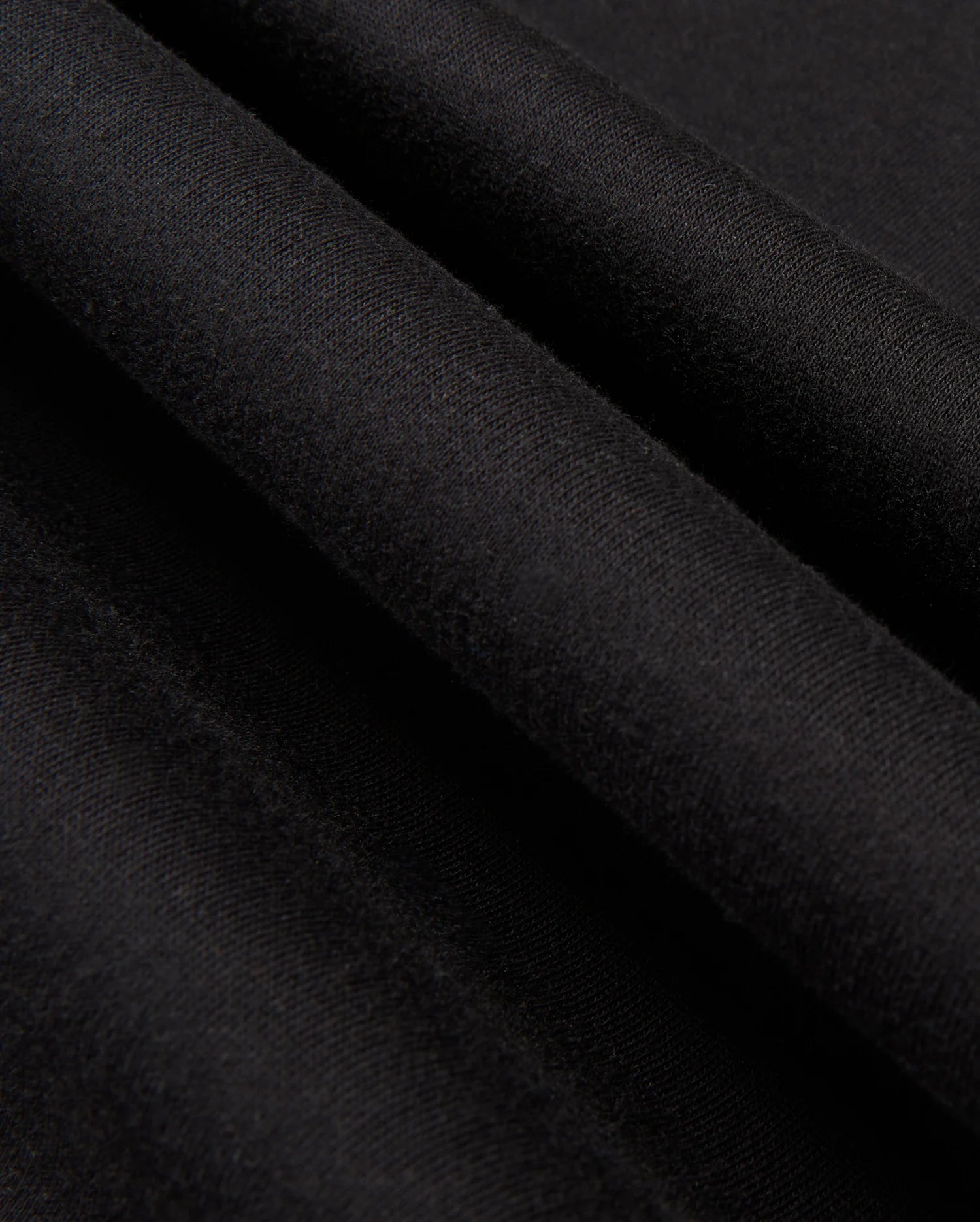 Close-up of black fabric folds with a textured surface. The material of the MENS JAMES PREMIUM HOODIE - B6H789D200 by Psycho Bunny, reminiscent of essential fleece, appears soft and smooth, showcasing a rich and deep black color. The folds create gentle shadows and highlights, enhancing the fabric's texture.