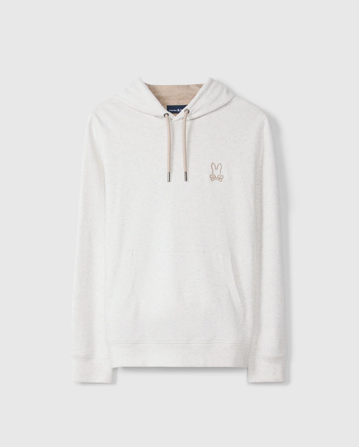 Introducing the MENS JAMES PREMIUM HOODIE - B6H789D200 by Psycho Bunny: a light gray essential fleece hoodie adorned with a subtle embroidered bunny logo on the left chest. It features a drawstring hood and a front pocket, set against a plain background.