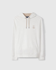 Introducing the MENS JAMES PREMIUM HOODIE - B6H789D200 by Psycho Bunny: a light gray essential fleece hoodie adorned with a subtle embroidered bunny logo on the left chest. It features a drawstring hood and a front pocket, set against a plain background.