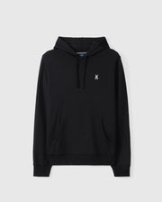 Introducing the Psycho Bunny MENS LEVY FLEECE HOODIE - B6H859D200: This black French terry hoodie comes with long sleeves, a front kangaroo pocket, and features a small embroidered white bunny logo on the left chest. Crafted from 100% cotton, this essential Levy hoodie also includes a drawstring for hood adjustment. The background is plain and light gray.
