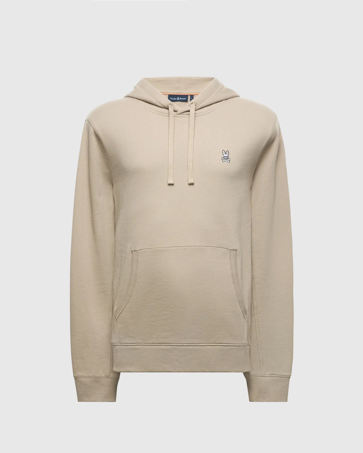 The Psycho Bunny MENS LEVY ESSENTIAL FLEECE HOODIE - B6H859D200, made from 100% cotton fleece for men, features a small embroidered bunny logo on the chest. It includes a drawstring hood and a front kangaroo pocket, set against a plain white background.