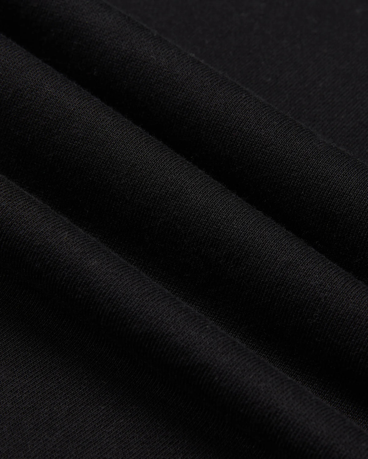 Here's a close-up shot of the MENS PACIFIC CHENILLE HOODIE - B6H930D200 by Psycho Bunny. The black fabric is folded into several layers, showcasing its smooth and soft texture with a subtle sheen. The image highlights the hoodie’s even weave and fine quality, reminiscent of premium French terry material.