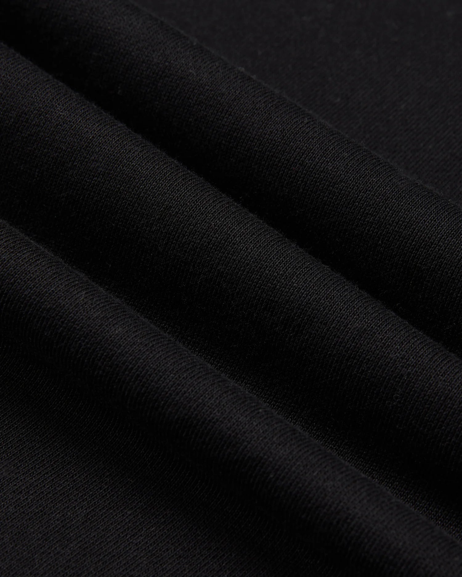 Here's a close-up shot of the MENS PACIFIC CHENILLE HOODIE - B6H930D200 by Psycho Bunny. The black fabric is folded into several layers, showcasing its smooth and soft texture with a subtle sheen. The image highlights the hoodie’s even weave and fine quality, reminiscent of premium French terry material.