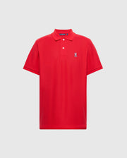 The Psycho Bunny Men's Classic Pique Polo Shirt, B6K001CRPC, in rich red, is made from premium Pima cotton with short sleeves, a collar, and mother-of-pearl buttons. It features a small embroidered rabbit logo on the left chest.