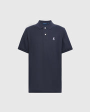 Psycho Bunny's MENS CLASSIC PIQUE POLO SHIRT - B6K001ARPC is a navy blue polo featuring short sleeves, a timeless collar, and an embroidered white logo on the left chest. Crafted from 100% Pima cotton, it includes a buttoned placket with mother-of-pearl buttons against a plain light background.