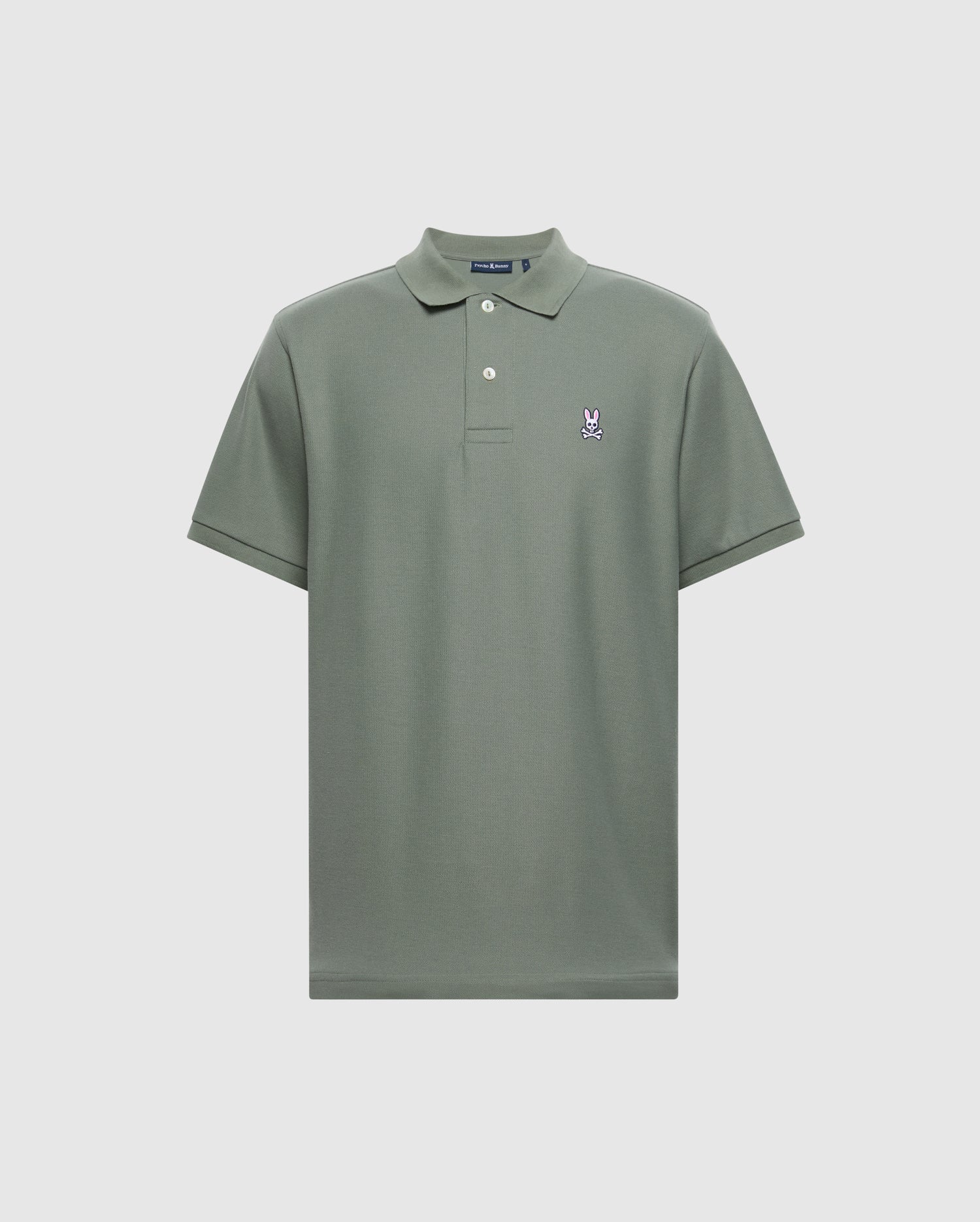 The Psycho Bunny MENS CLASSIC PIQUE POLO SHIRT - B6K001B200, in green Pima cotton, features a small embroidered Bunny logo on the left chest. It has a classic collar and a two-button placket for a timeless style.