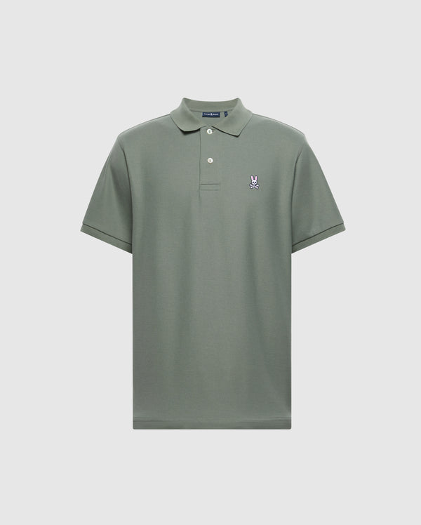 The Psycho Bunny MENS CLASSIC PIQUE POLO SHIRT - B6K001B200, in green Pima cotton, features a small embroidered Bunny logo on the left chest. It has a classic collar and a two-button placket for a timeless style.