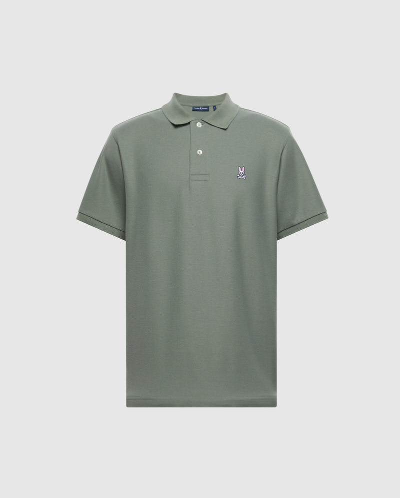 The Psycho Bunny MENS CLASSIC PIQUE POLO SHIRT - B6K001B200, in green Pima cotton, features a small embroidered Bunny logo on the left chest. It has a classic collar and a two-button placket for a timeless style.