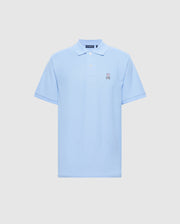 The Men's Classic Piqué Polo Shirt by Psycho Bunny (B6K001B200) in light blue is crafted from soft Pima cotton, featuring a small embroidered bunny logo on the left chest, with a classic collar and button placket for timeless style.