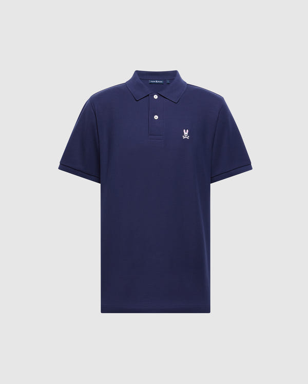The Psycho Bunny MENS CLASSIC PIQUE POLO SHIRT - B6K001CRPC is a navy blue short-sleeve polo with a white embroidered logo on the left chest. It boasts a classic collar and button-up placket, crafted from premium pima cotton for a regular fit.
