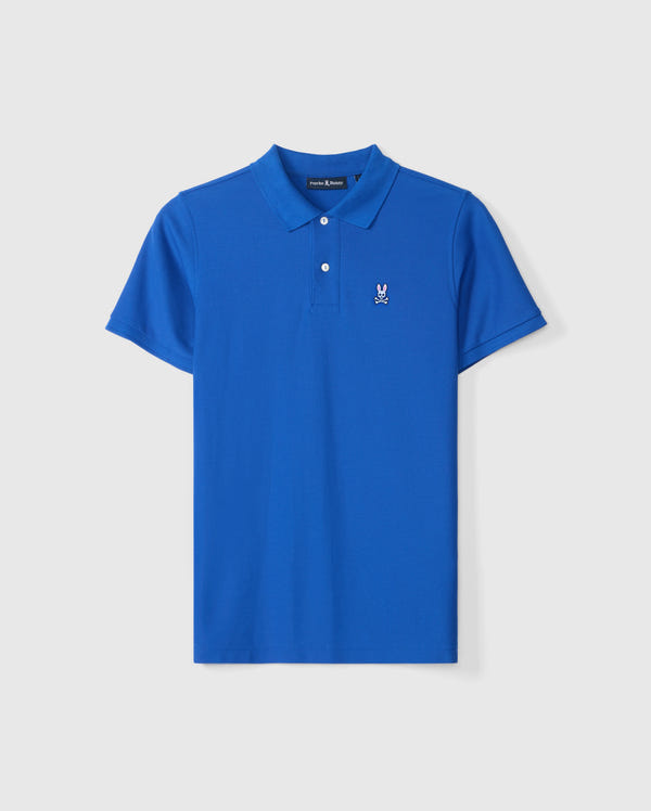 The Men's Classic Pique Polo Shirt (B6K001CRPC) by Psycho Bunny is crafted from soft Pima cotton in blue, featuring short sleeves, a collared design with two buttons, and the iconic embroidered rabbit logo on the left chest against a light background.