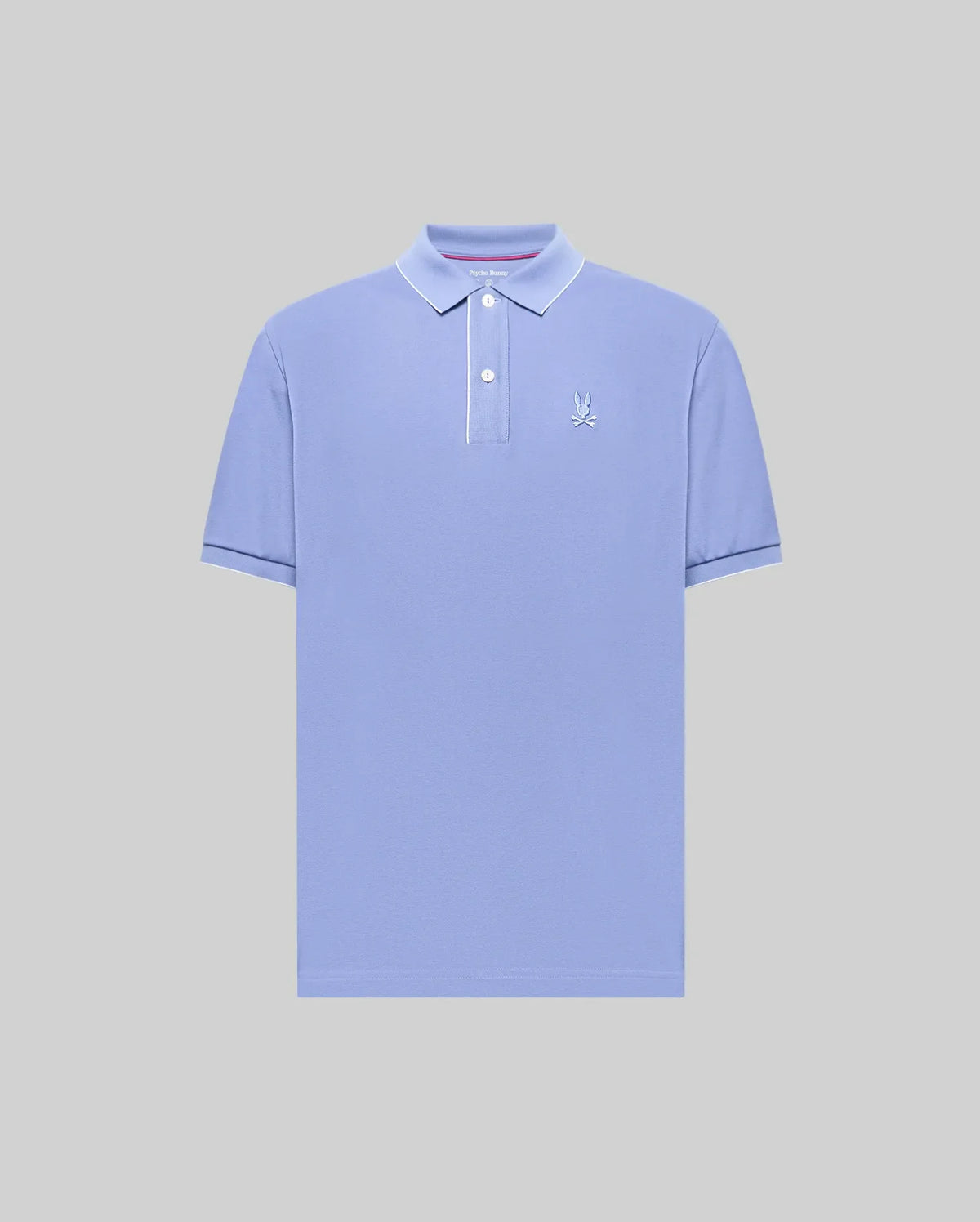 The Psycho Bunny MENS BRYCE PERFORMANCE PIQUE POLO (B6K486F200) features light blue performance piqué fabric, a collar, two buttons, and a small embroidered logo on the left chest, shown on a plain gray background.