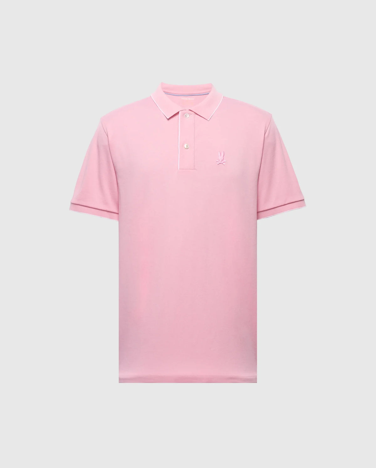The Psycho Bunny MENS BRYCE PERFORMANCE PIQUE POLO (B6K486F200) is a breathable, light pink shirt with short sleeves and a collar. Made from quick-dry, moisture-wicking performance pique fabric, it features an embroidered logo on the left chest and is displayed against a gray background.