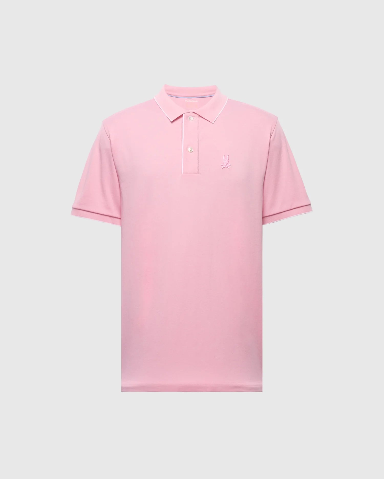 The Psycho Bunny MENS BRYCE PERFORMANCE PIQUE POLO (B6K486F200) is a breathable, light pink shirt with short sleeves and a collar. Made from quick-dry, moisture-wicking performance pique fabric, it features an embroidered logo on the left chest and is displayed against a gray background.