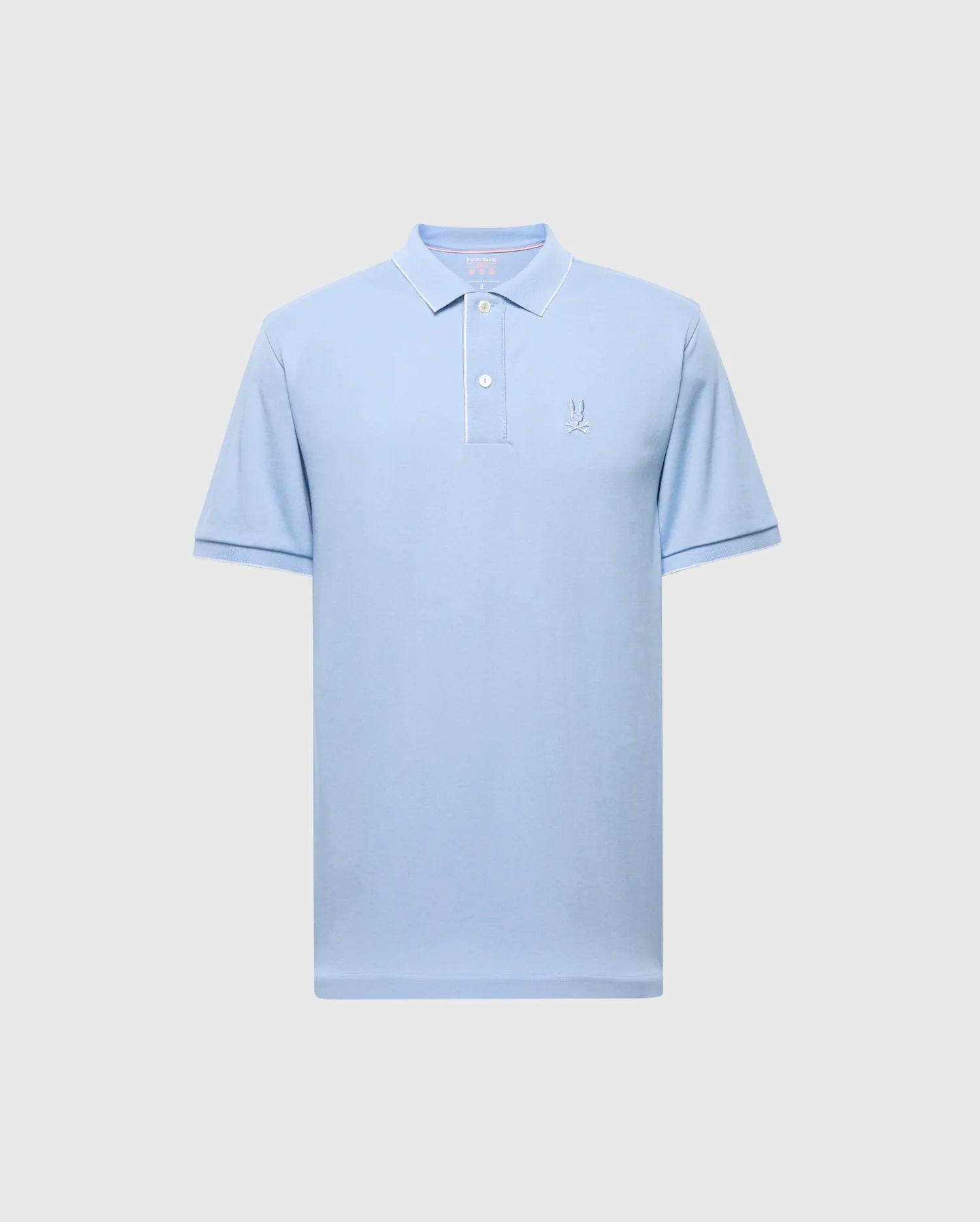 The Men's Bryce Performance Pique Polo by Psycho Bunny in light blue features short sleeves, a collar, breathable performance pique fabric, three buttons, and an embroidered logo on the left chest against a plain gray background (Product Code: B6K486F200).