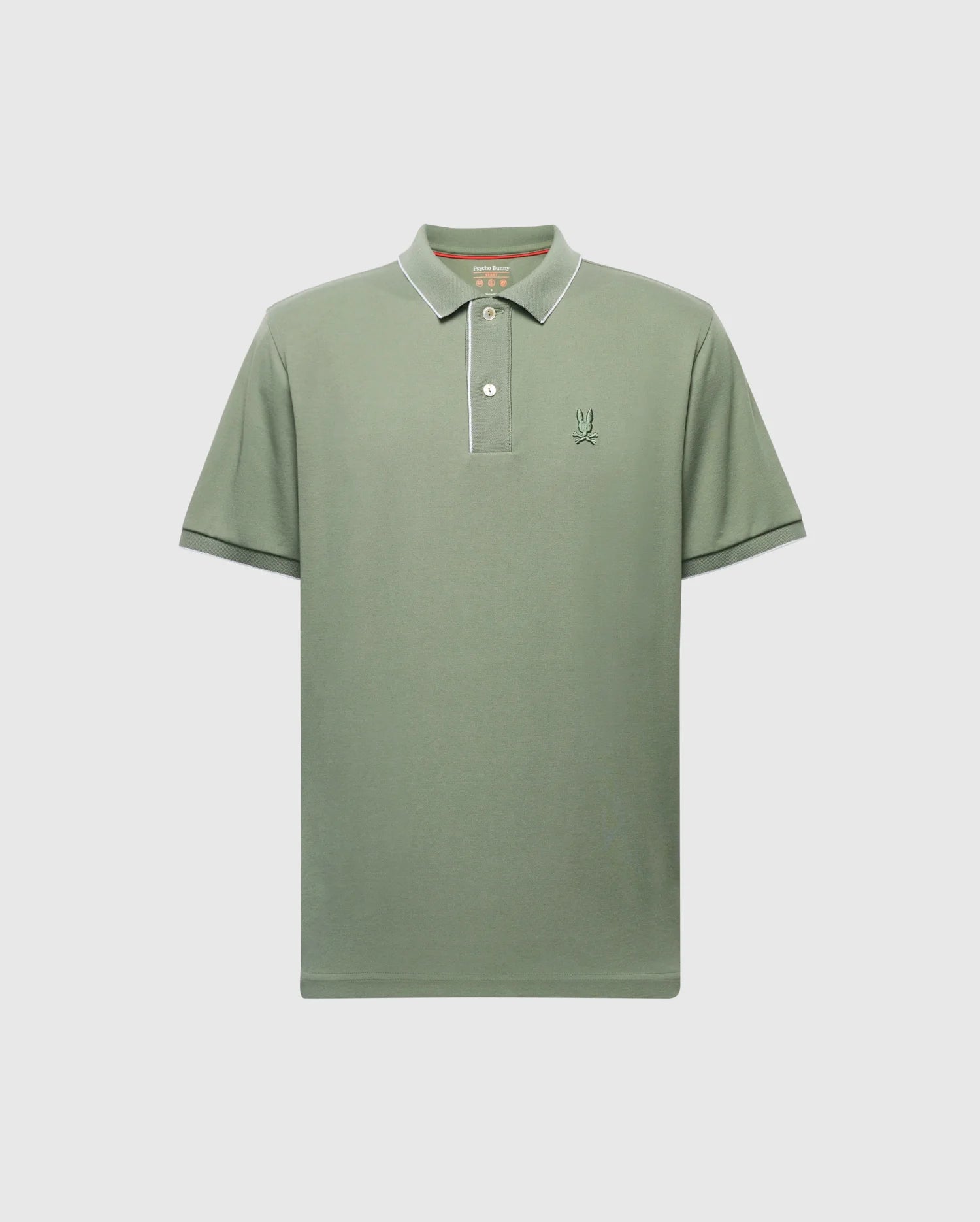 The Psycho Bunny men's Bryce Performance Pique Polo (B6K486F200) is a green, breathable, moisture-wicking shirt with short sleeves and a collar. It features an embroidered logo on the left chest, a three-button placket, and stylish white trim on the collar and sleeve edges.