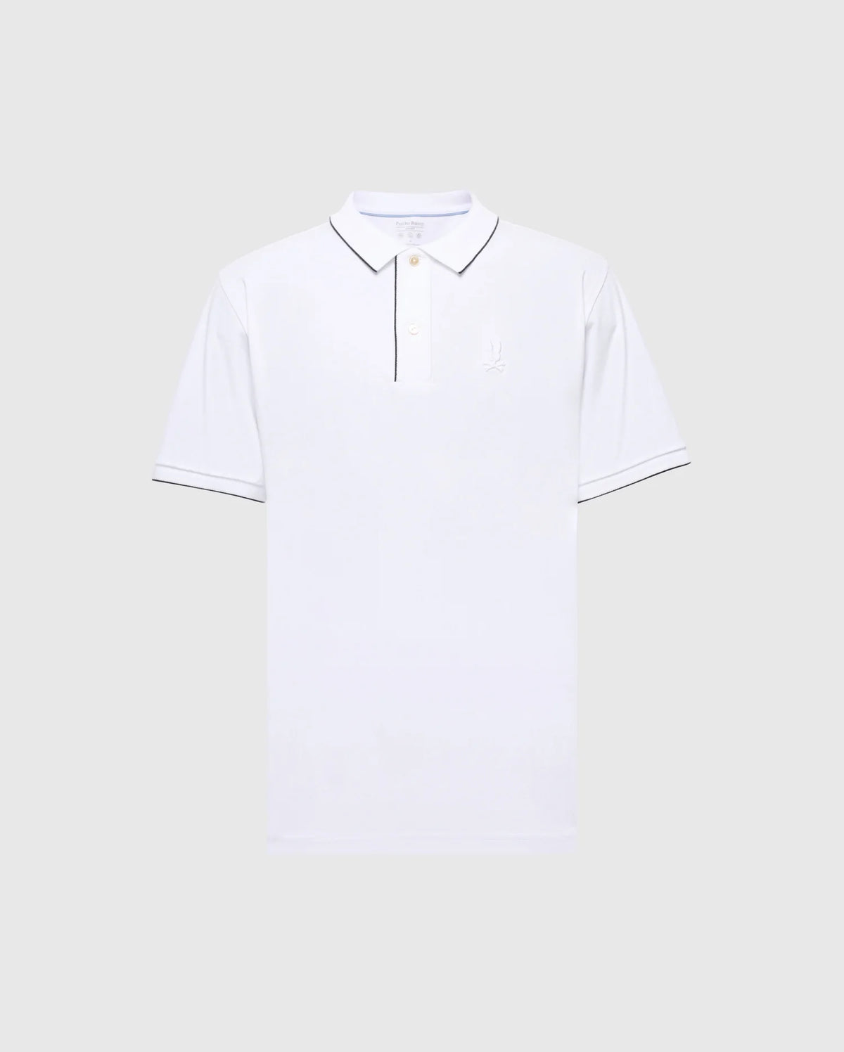 The Psycho Bunny MENS BRYCE PERFORMANCE PIQUE POLO features a plain white design with short sleeves, a three-button placket, and collar with subtle black trim. Made from moisture-wicking Performance Pique Fabric, it has an embroidered chest logo and is displayed against a light gray background.
