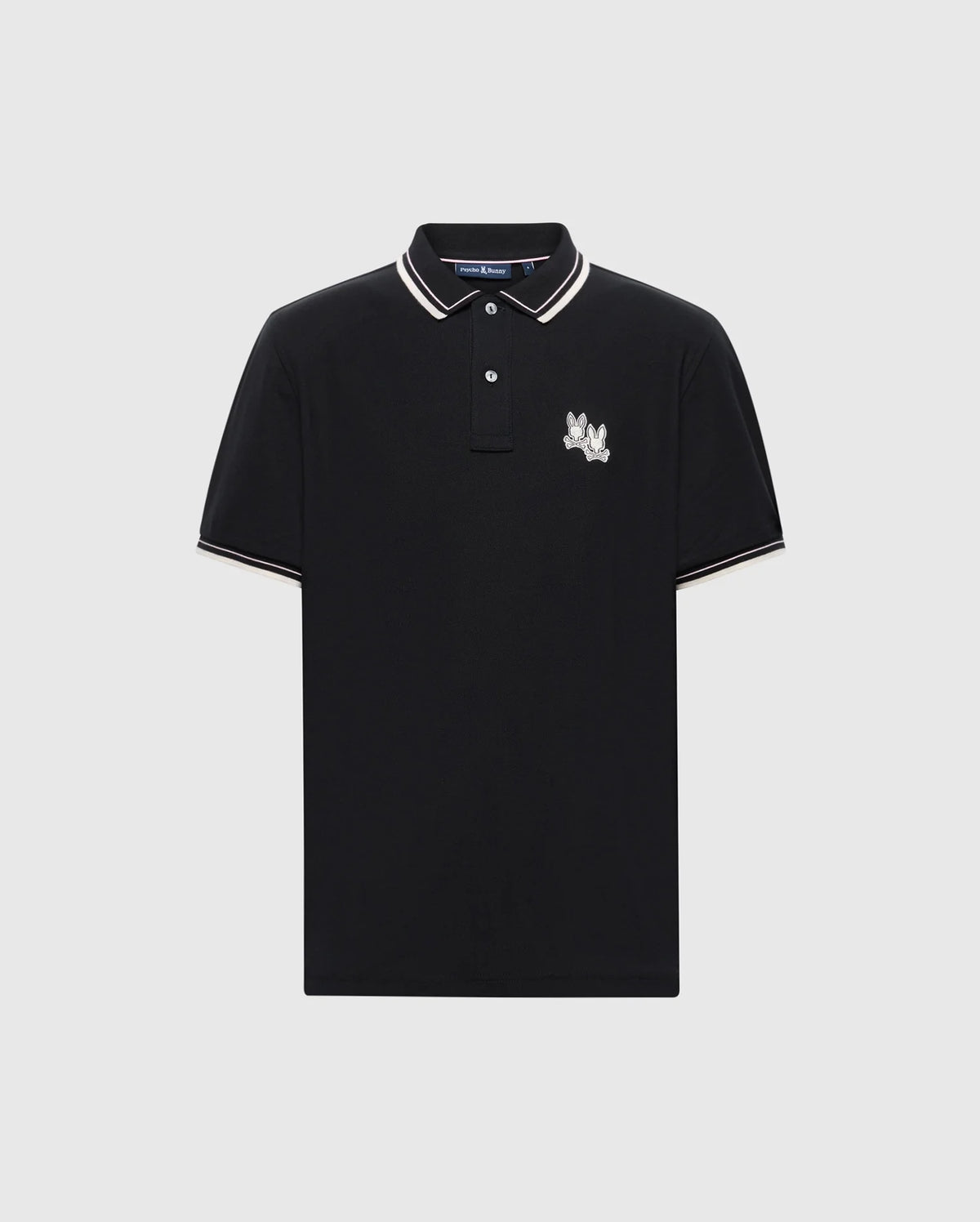 The Psycho Bunny Men's Elliot Pique Polo (B6K505F200) is a black Pima cotton shirt featuring white trim on the collar and sleeves, with a playful embroidered logo on the left chest showing three fingers raised.