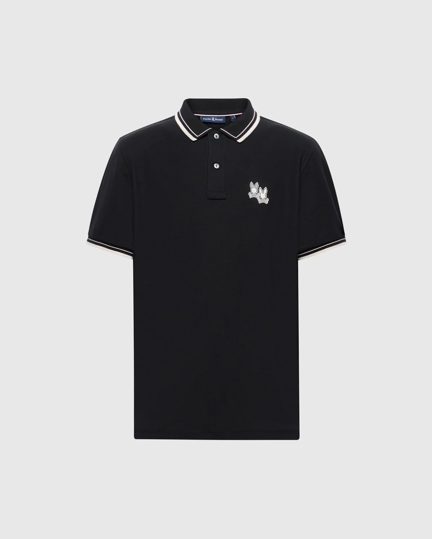 The Psycho Bunny Men's Elliot Pique Polo (B6K505F200) is a black Pima cotton shirt featuring white trim on the collar and sleeves, with a playful embroidered logo on the left chest showing three fingers raised.