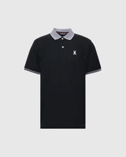 The Psycho Bunny MENS JONAS STRIPE COLLAR PIQUE POLO - B6K583F200 is crafted from luxurious Peruvian Pima Cotton, featuring a black design with a gray-collared micro-striped edge, two buttons, and a small white emblem on the left chest for an effortlessly sleek look.