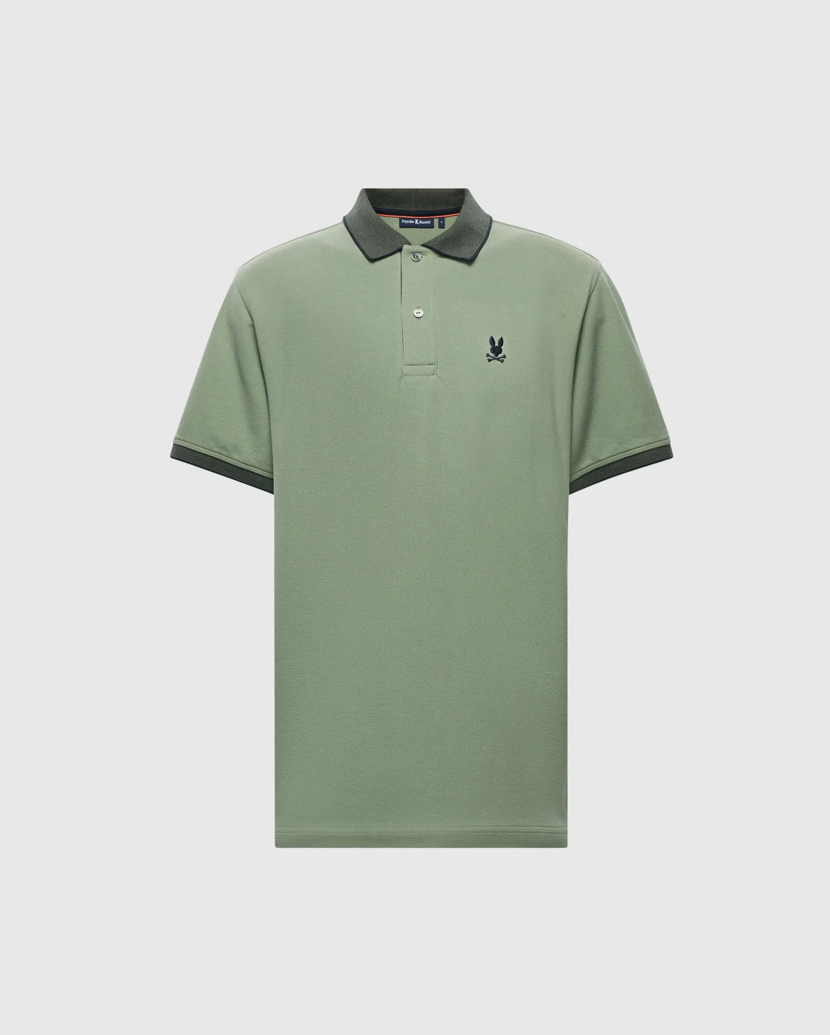 The Psycho Bunny MENS JONAS MICRO STRIPE COLLAR PIQUE POLO - B6K583F200, designed in Peru, is a Pima cotton polo with a light green color, dark green collar and cuffs, and features an embroidered stylized rabbit head logo on the left chest.