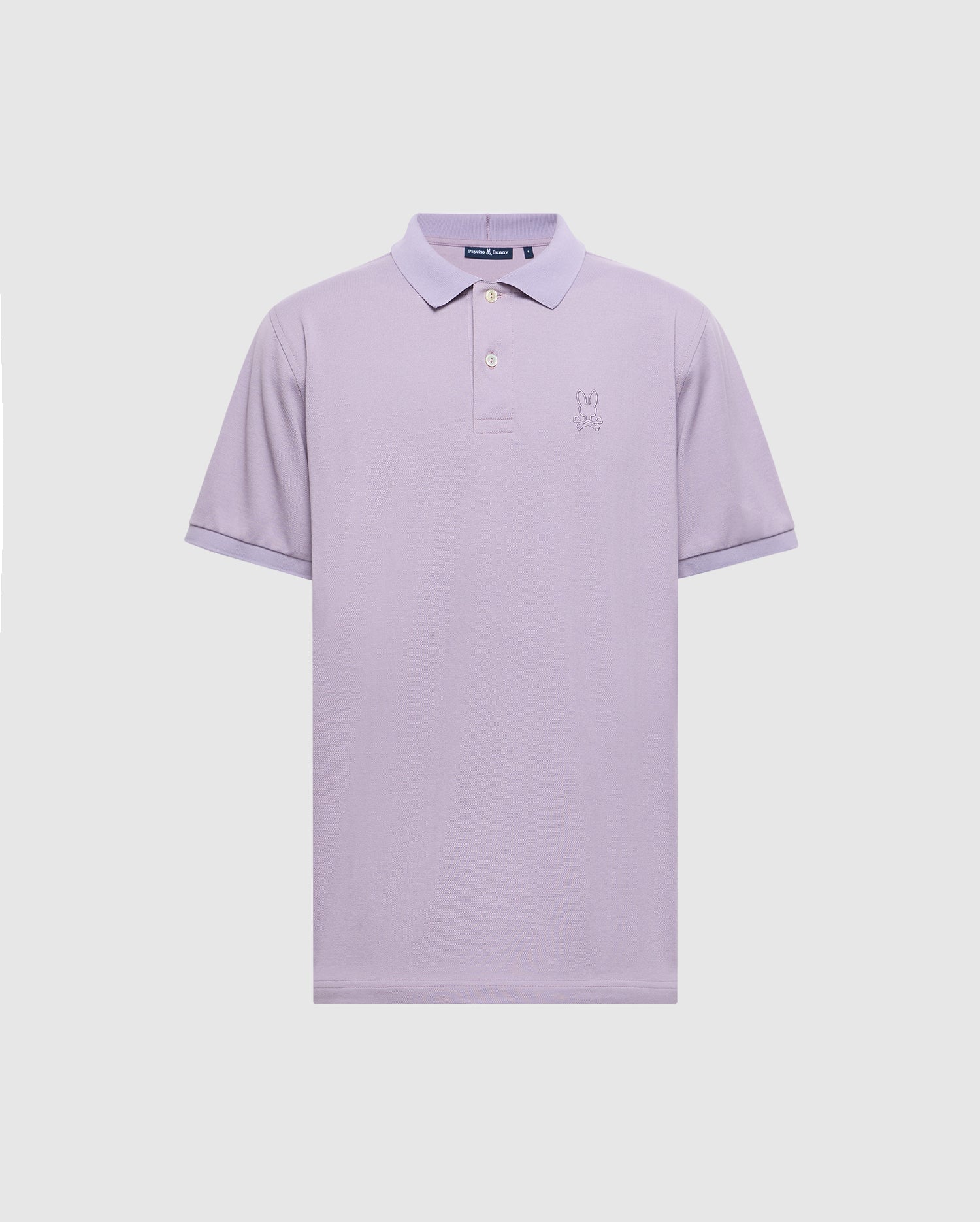 The Psycho Bunny MENS JAMES PIQUE POLO (B6K945D200) is a lavender slim fit short-sleeve shirt made from durable Pima cotton, featuring a collar, two buttons, and an embroidered chest logo for a classic yet simple look.