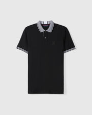 The MENS MALTON PIQUE POLO SHIRT - B6K950D200 by Psycho Bunny is a black Pima cotton polo with gray accents on the collar and cuffs. It features a small, dark thread embroidered design on the left chest. The shirt has a three-button placket and is made of smooth, lightweight fabric.