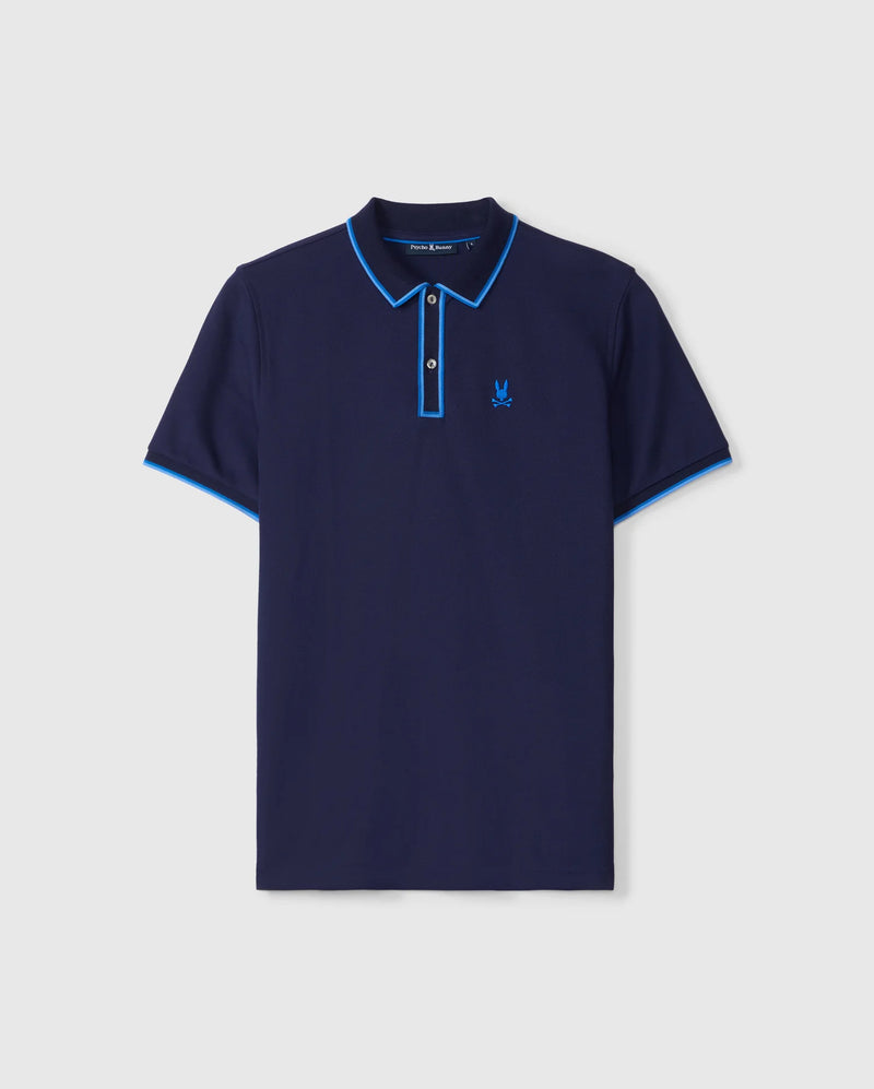 The Psycho Bunny MENS KENT PIQUE POLO SHIRT - B6K951D200 is a navy men's Pima cotton polo with light blue collar and sleeve trim, featuring a stylized bird logo on the left chest and a button-down placket, offering style and comfort.