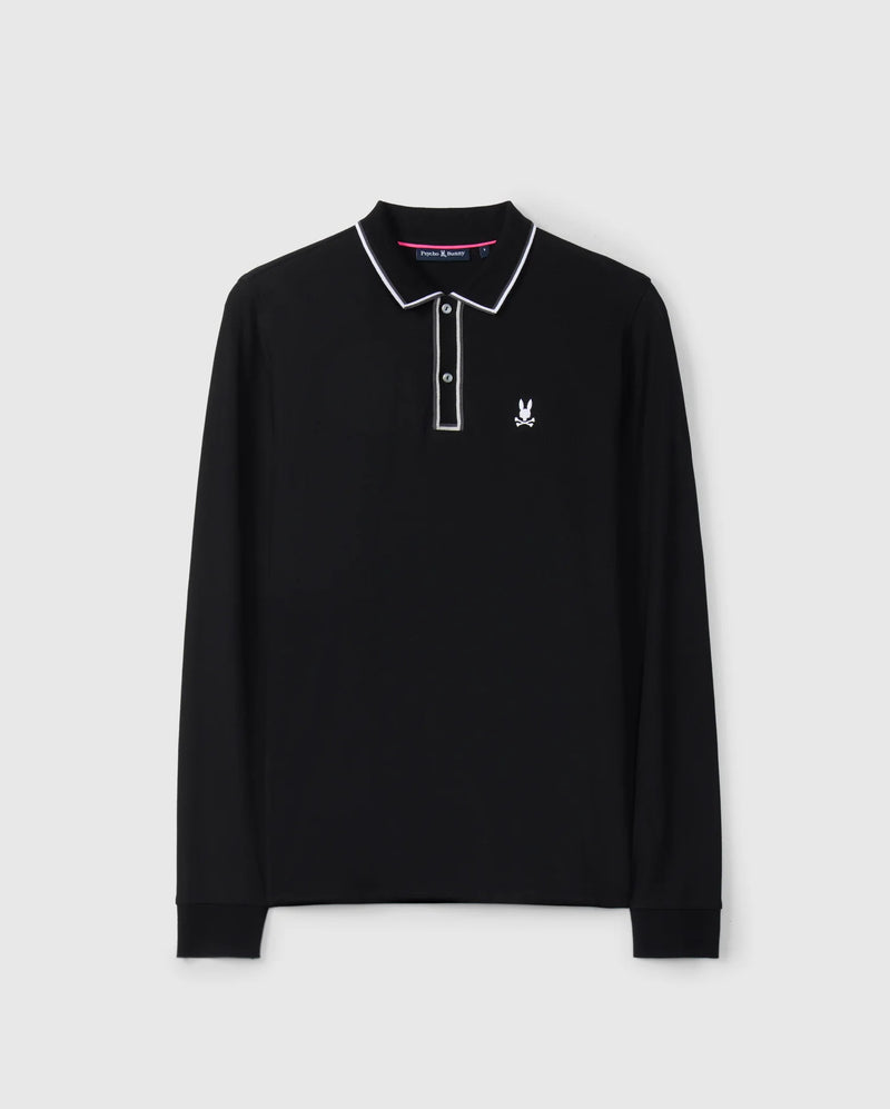 The Psycho Bunny Men's Kent Long Sleeve Pique Polo, product code B6M935D200, is crafted in luxurious black Pima cotton and features a striking white trim on the collar and sleeve cuffs. This polo embodies understated luxury with its small embroidered logo of a bunny with crossbones on the chest, set against a plain white background.