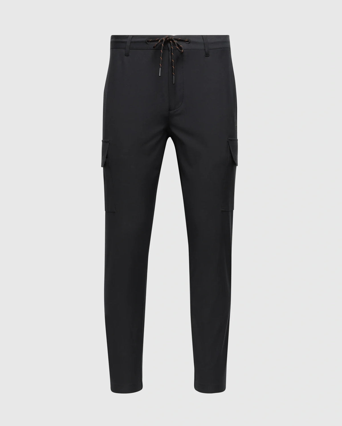 The MENS LLOYD CARGO JOGGER - B6P159B200 by Psycho Bunny are black with a slim fit design, featuring elasticized cuffs and an adjustable drawstring waistband. These joggers have utilitarian pockets on the sides and offer a sleek, modern look. The product is showcased against a white background.
