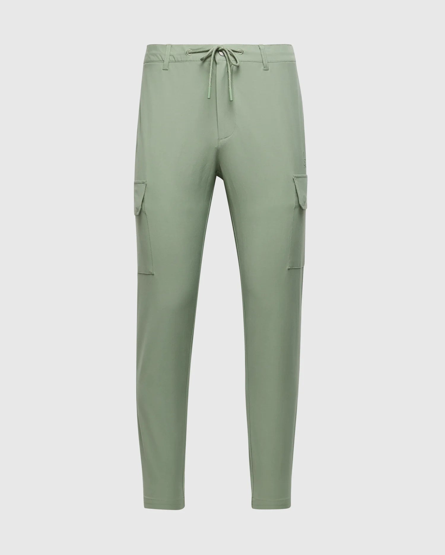 The MENS LLOYD CARGO JOGGER - B6P159B200 by Psycho Bunny features green stretch twill with a drawstring waistband, two side pockets, and tapered fit. With cargo pockets on each side, the lightweight pants offer casual comfort and embroidered refinement.