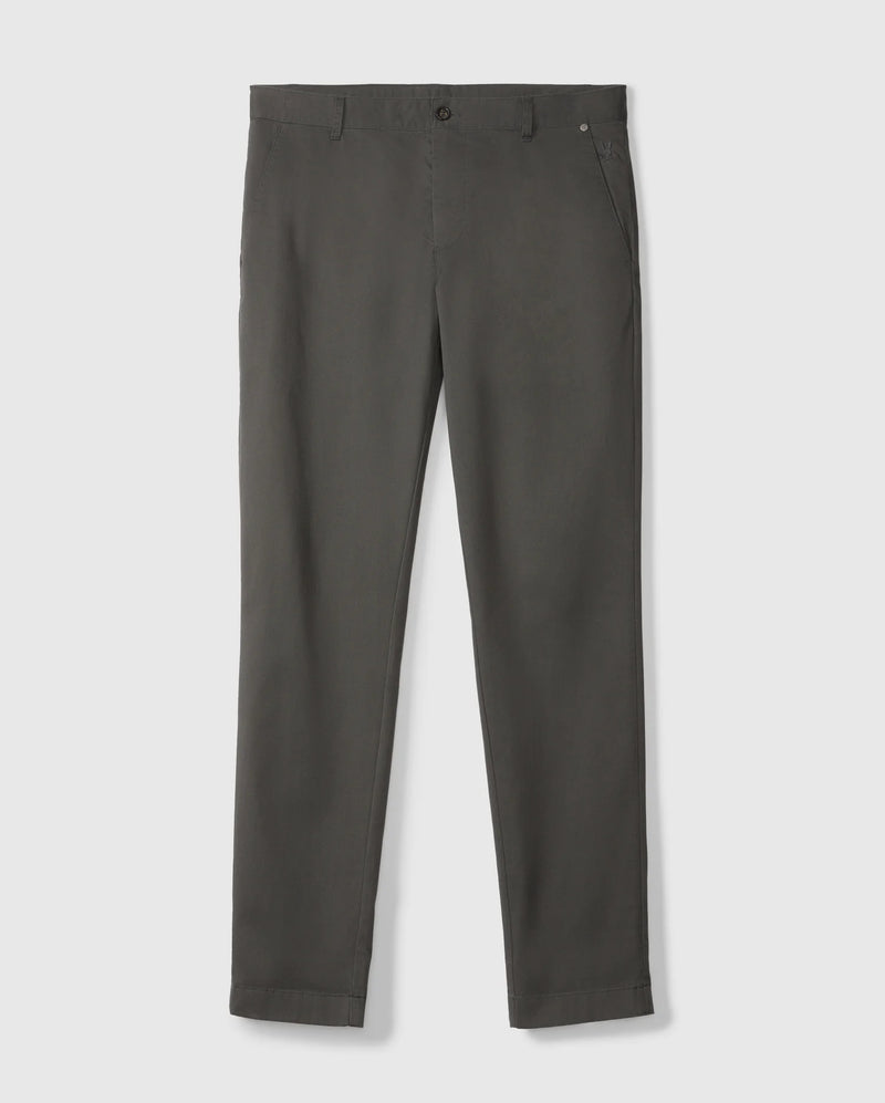 The Psycho Bunny MENS GILMAN CHINO PANT in dark green, style B6P393Z1WB, showcases a straight-fit with button and zip closure, belt loops, and side pockets for a classic and versatile design that easily transitions from workday to weekend.