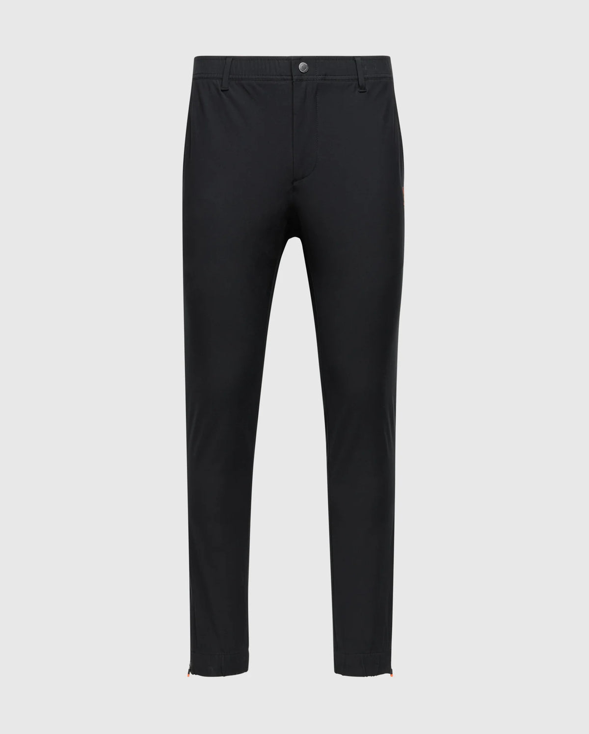 The Psycho Bunny MENS MADISON COMMUTER PANT - B6P395Z1WB features black fabric against a plain white background and includes button and zip closure, side pockets, straight legs, and an elasticized waistband for added comfort.