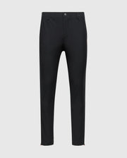 The Psycho Bunny MENS MADISON COMMUTER PANT - B6P395Z1WB features black fabric against a plain white background and includes button and zip closure, side pockets, straight legs, and an elasticized waistband for added comfort.