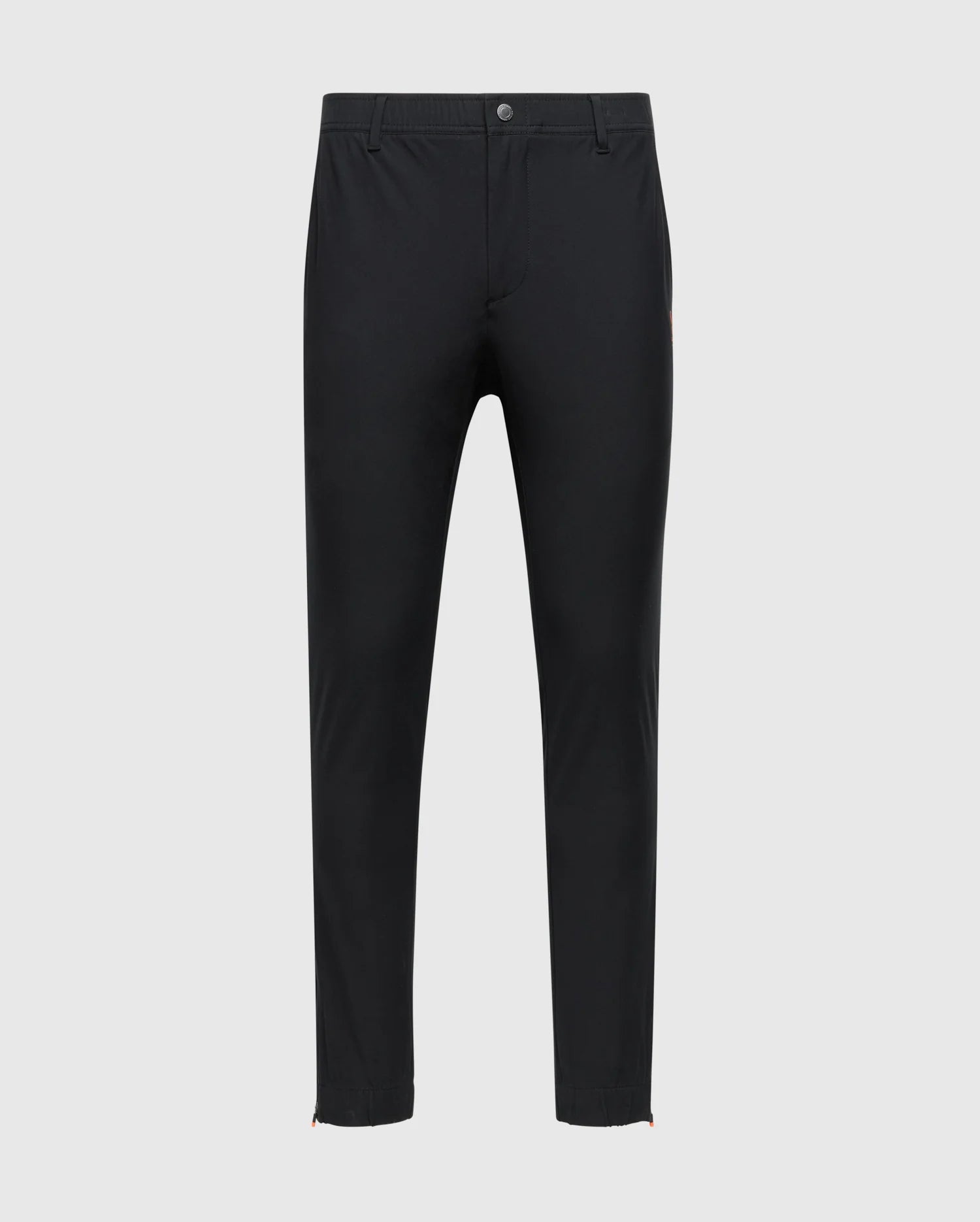 The Psycho Bunny MENS MADISON COMMUTER PANT - B6P395Z1WB features black fabric against a plain white background and includes button and zip closure, side pockets, straight legs, and an elasticized waistband for added comfort.