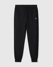 The MENS LEVY ESSENTIAL FLEECE SWEATPANT - B6P721D200 by Psycho Bunny are black cotton sweatpants featuring a drawstring waistband, tapered cuffs, and a small embroidered logo on the upper left thigh. Perfect for casual wear, these comfy fleece sweatpants are displayed on a plain white background.