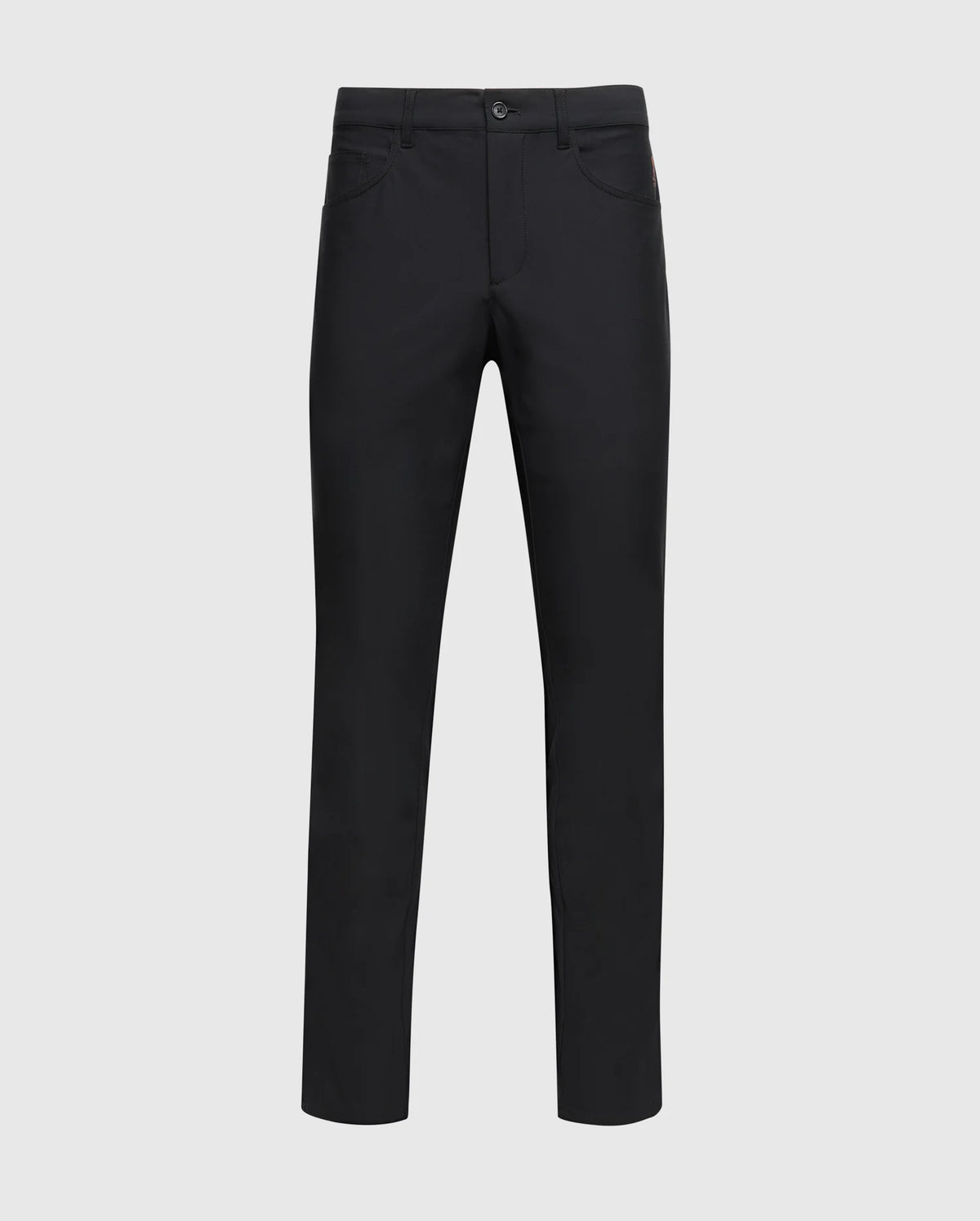 The Psycho Bunny MENS MAVERICK 10K PANT - B6P788D200 is a stylish, full-length black men's pant with five pockets and button closure, featured against a simple white backdrop.