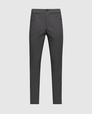 The Psycho Bunny MENS MAVERICK 10K PANT - B6P788D200 features a slim fit, dark gray design with five-pocket practicality, button and zipper closure, and four-way stretch fabric for comfort. Two front pockets add functionality, all displayed against a plain light background.