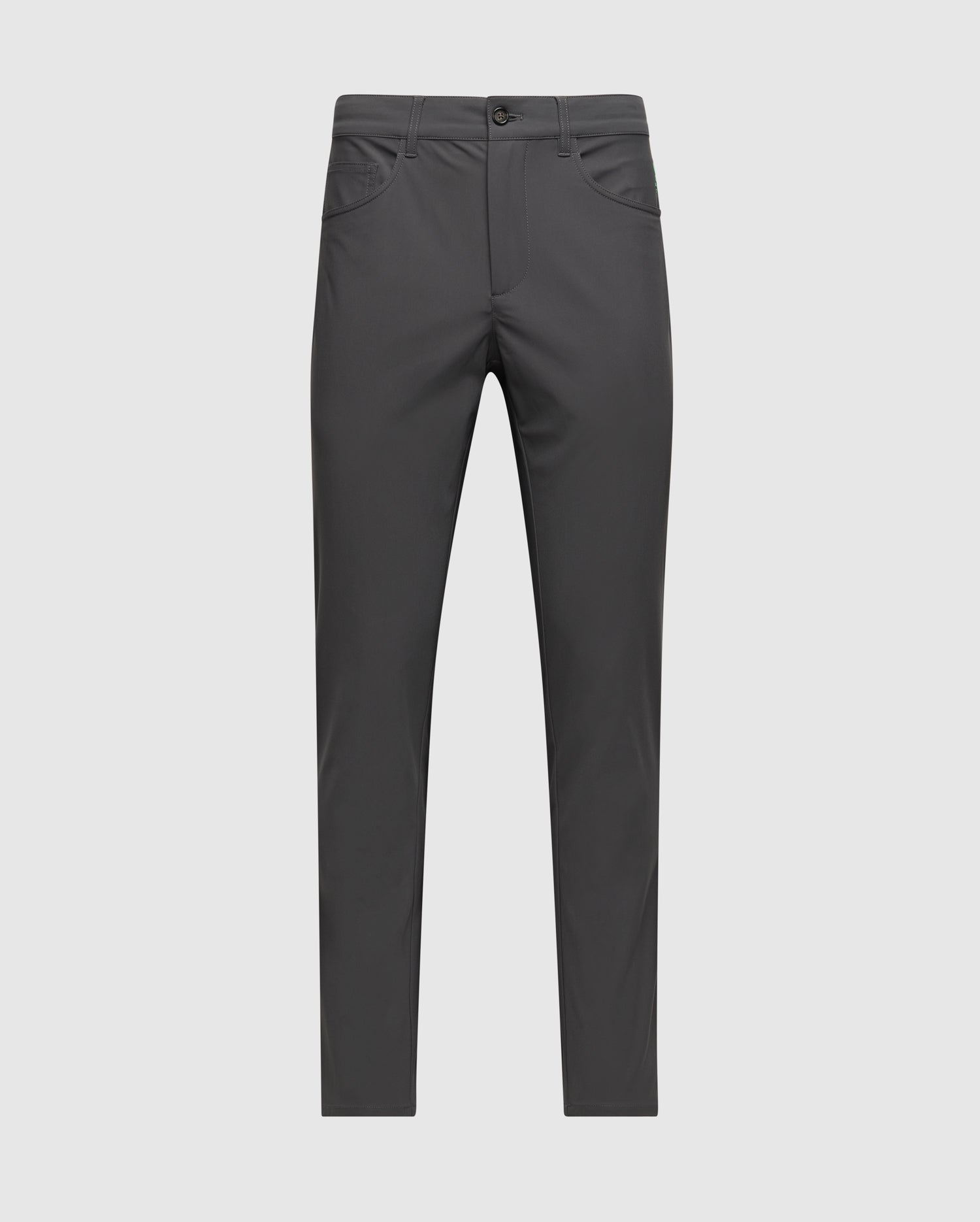 The Psycho Bunny MENS MAVERICK 10K PANT - B6P788D200 features a slim fit, dark gray design with five-pocket practicality, button and zipper closure, and four-way stretch fabric for comfort. Two front pockets add functionality, all displayed against a plain light background.