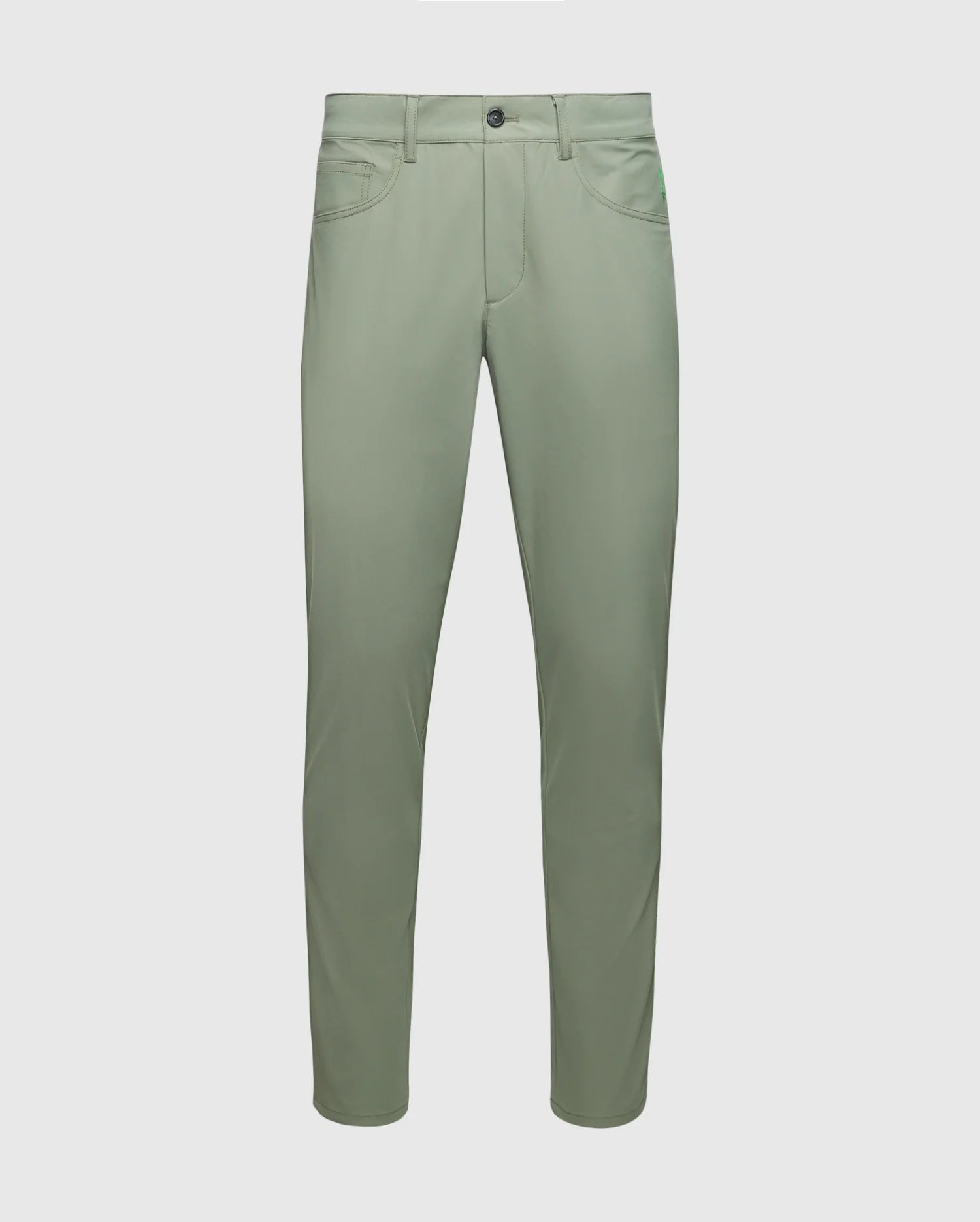 The Psycho Bunny MENS MAVERICK 10K STEP PANT - B6P788D200 in light green, shown against a white background, features a button and zipper closure, four-way stretch fabric for comfort, belt loops at the waist, two front pockets, and stylish five-pocket styling.