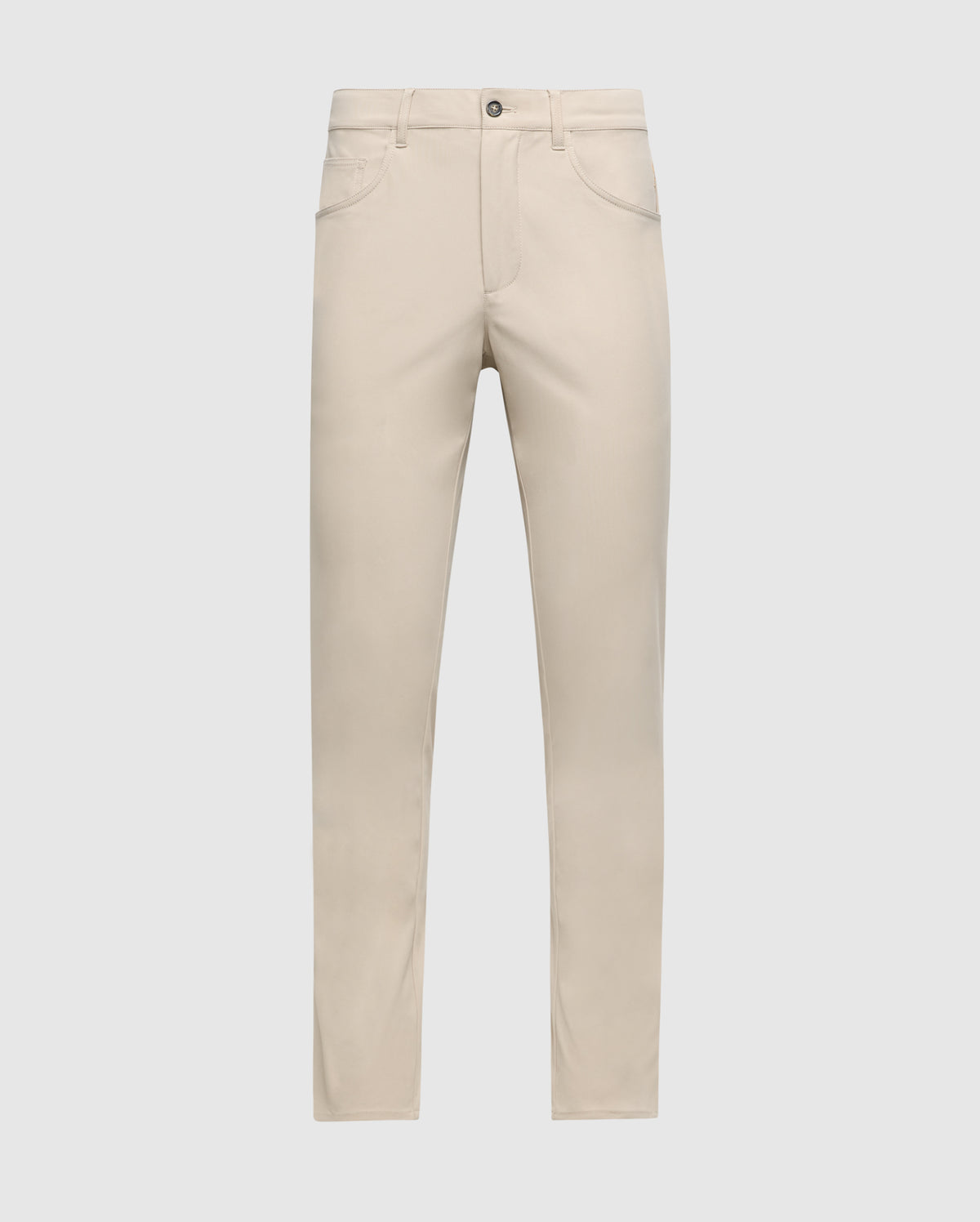 The MENS MAVERICK 10K PANT - B6P788D200 by Psycho Bunny, in light beige, features a practical five-pocket design and a classic straight-cut silhouette. Set against a plain white background, these pants ensure comfort with their innovative four-way stretch fabric and secure closure featuring both button and zip elements.