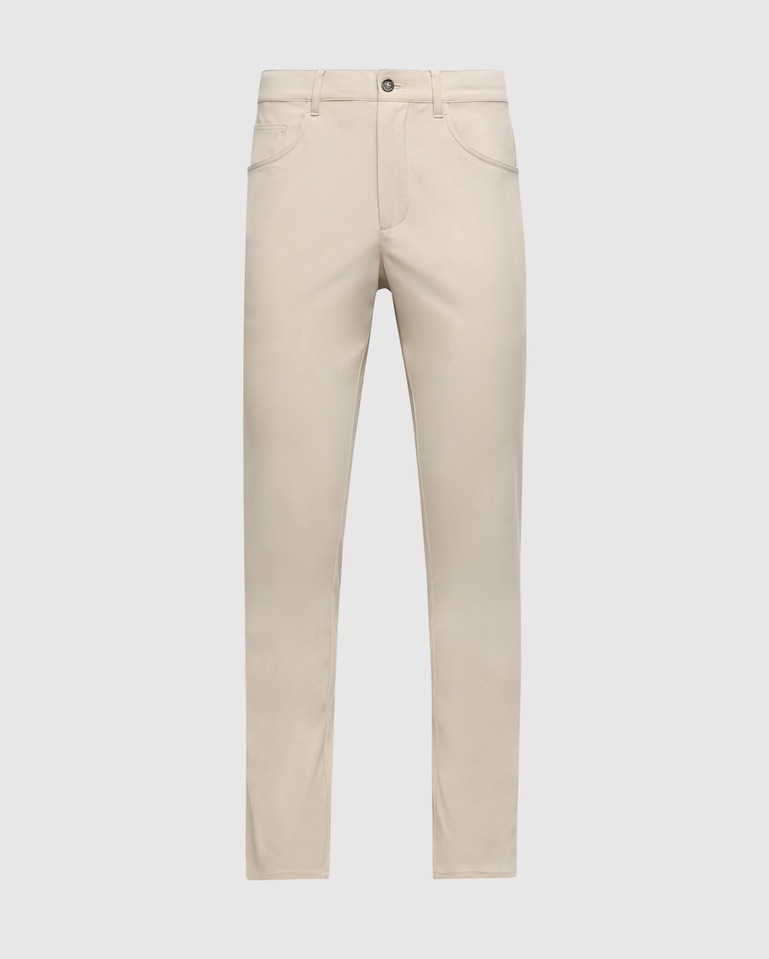 The MENS MAVERICK 10K PANT - B6P788D200 by Psycho Bunny, in light beige, features a practical five-pocket design and a classic straight-cut silhouette. Set against a plain white background, these pants ensure comfort with their innovative four-way stretch fabric and secure closure featuring both button and zip elements.