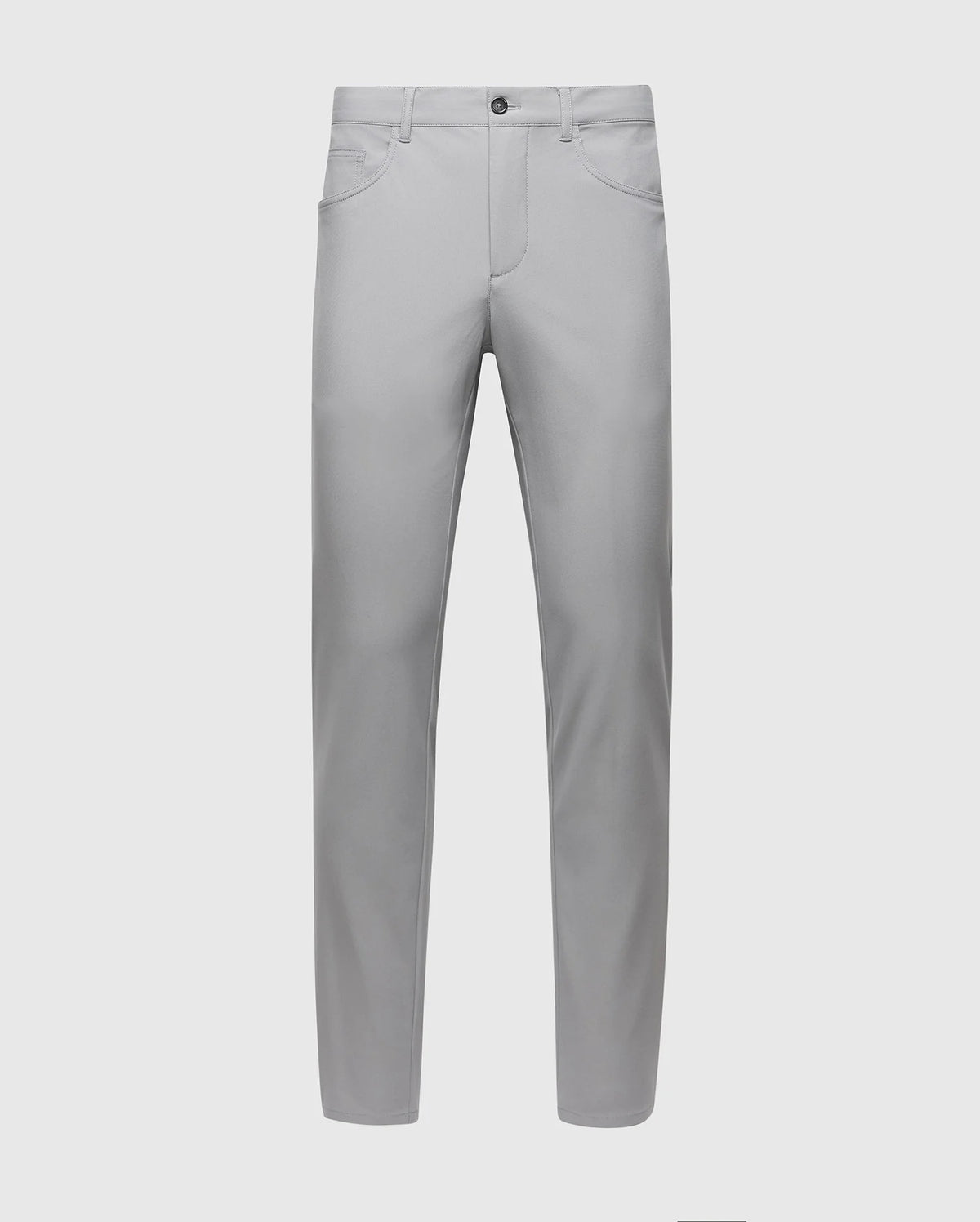 The Psycho Bunny MENS MAVERICK 10K STEP PANT (B6P788D200) in light gray features a straight-leg fit, five pockets, belt loops, and a button closure, shown against a plain light background.
