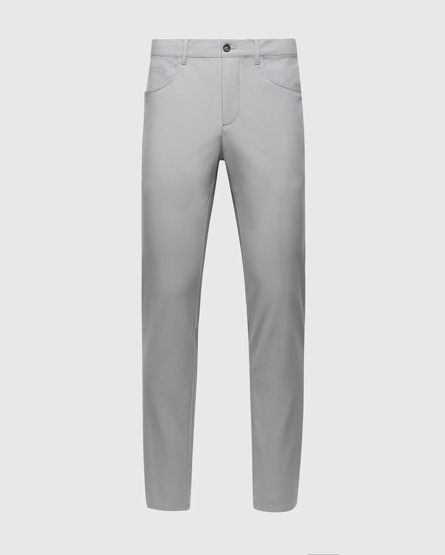 The Psycho Bunny MENS MAVERICK 10K STEP PANT (B6P788D200) in light gray features a straight-leg fit, five pockets, belt loops, and a button closure, shown against a plain light background.