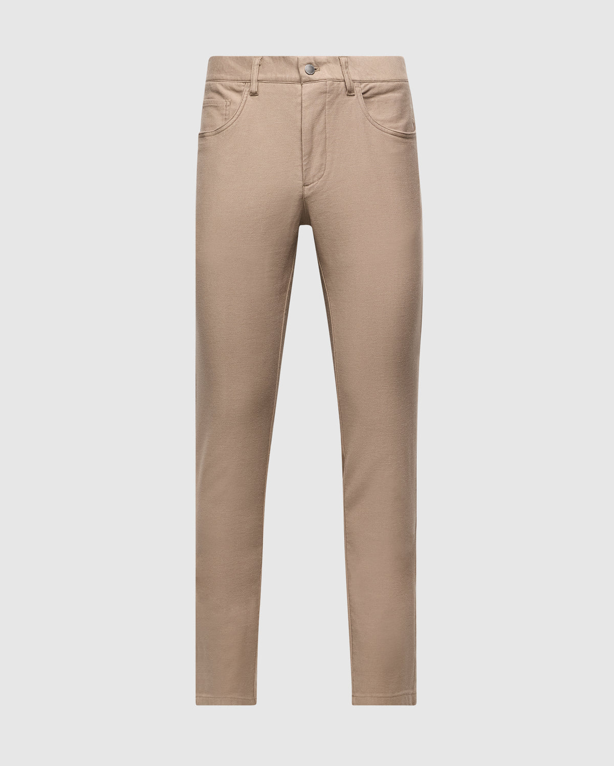 The MENS HAYS TWILL PANT - B6P894D200 by Psycho Bunny are light brown, slim-fit pants made from a cotton-blend twill designed for maximum comfort. They include front pockets, belt loops, and a button and zipper closure at the waist. These pants provide 4-way stretch for easy movement, set against a plain white background.