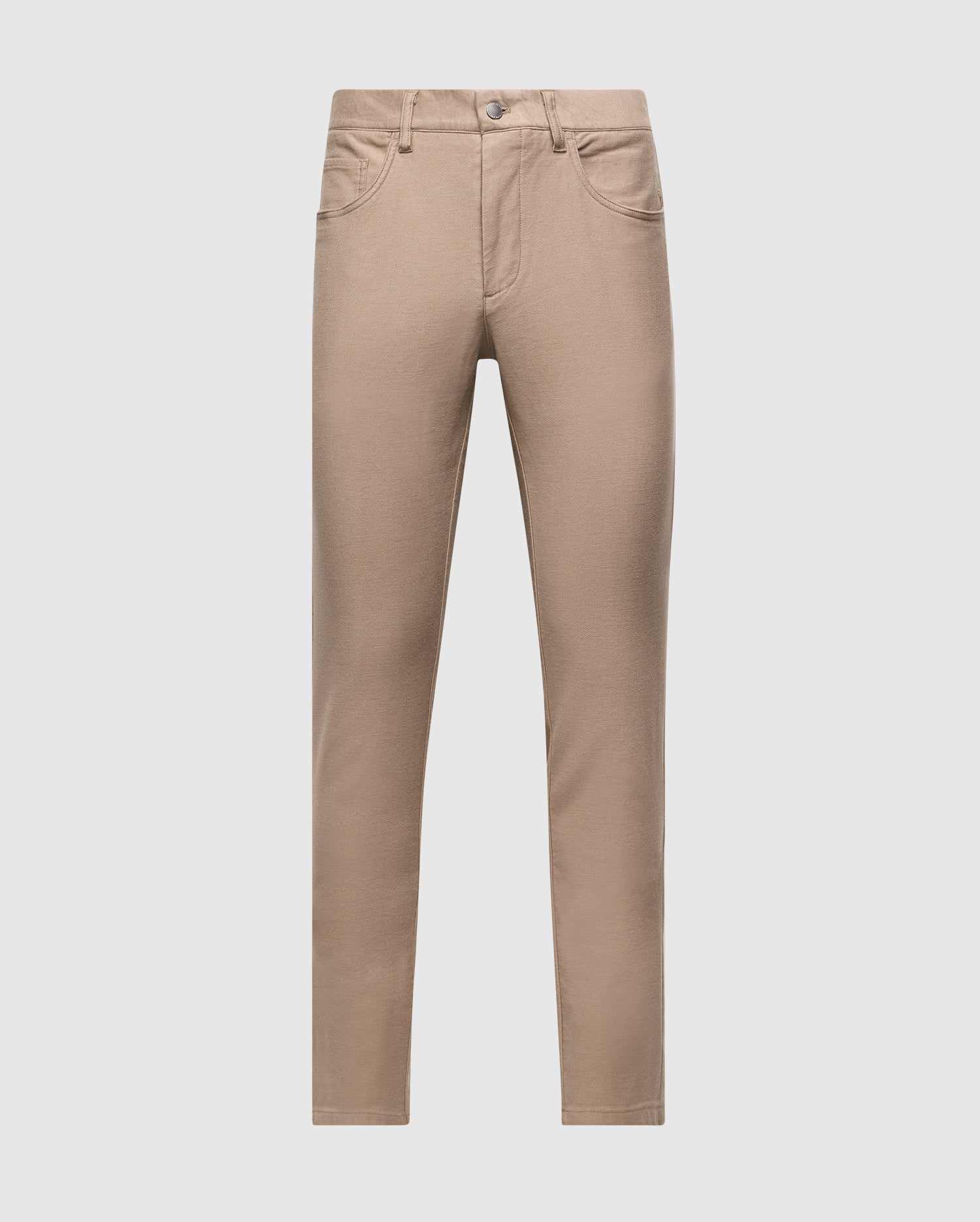 The MENS HAYS TWILL PANT - B6P894D200 by Psycho Bunny are light brown, slim-fit pants made from a cotton-blend twill designed for maximum comfort. They include front pockets, belt loops, and a button and zipper closure at the waist. These pants provide 4-way stretch for easy movement, set against a plain white background.