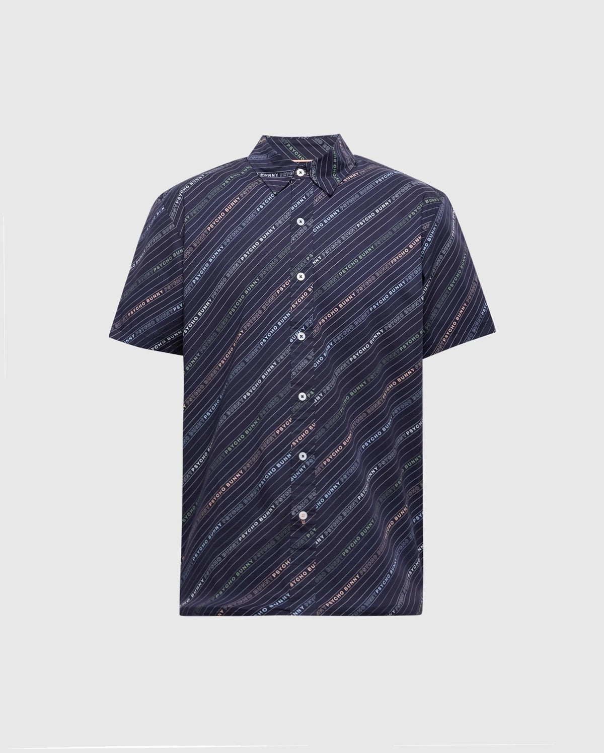 The Psycho Bunny MENS RENMARK STRETCH POPLIN WOVEN SHIRT (B6Q629F200) features short sleeves, a classic collar, and white buttons. It has a logo-striped pattern with small repeating text in white on a dark background for timeless appeal.