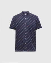 The Psycho Bunny MENS RENMARK STRETCH POPLIN WOVEN SHIRT (B6Q629F200) features short sleeves, a classic collar, and white buttons. It has a logo-striped pattern with small repeating text in white on a dark background for timeless appeal.